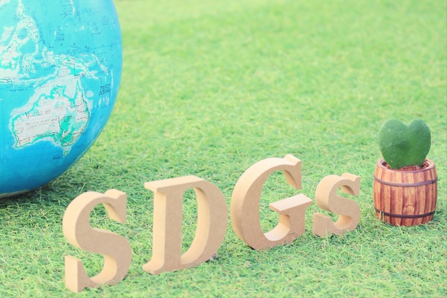 芝生の上のSDGsと地球儀